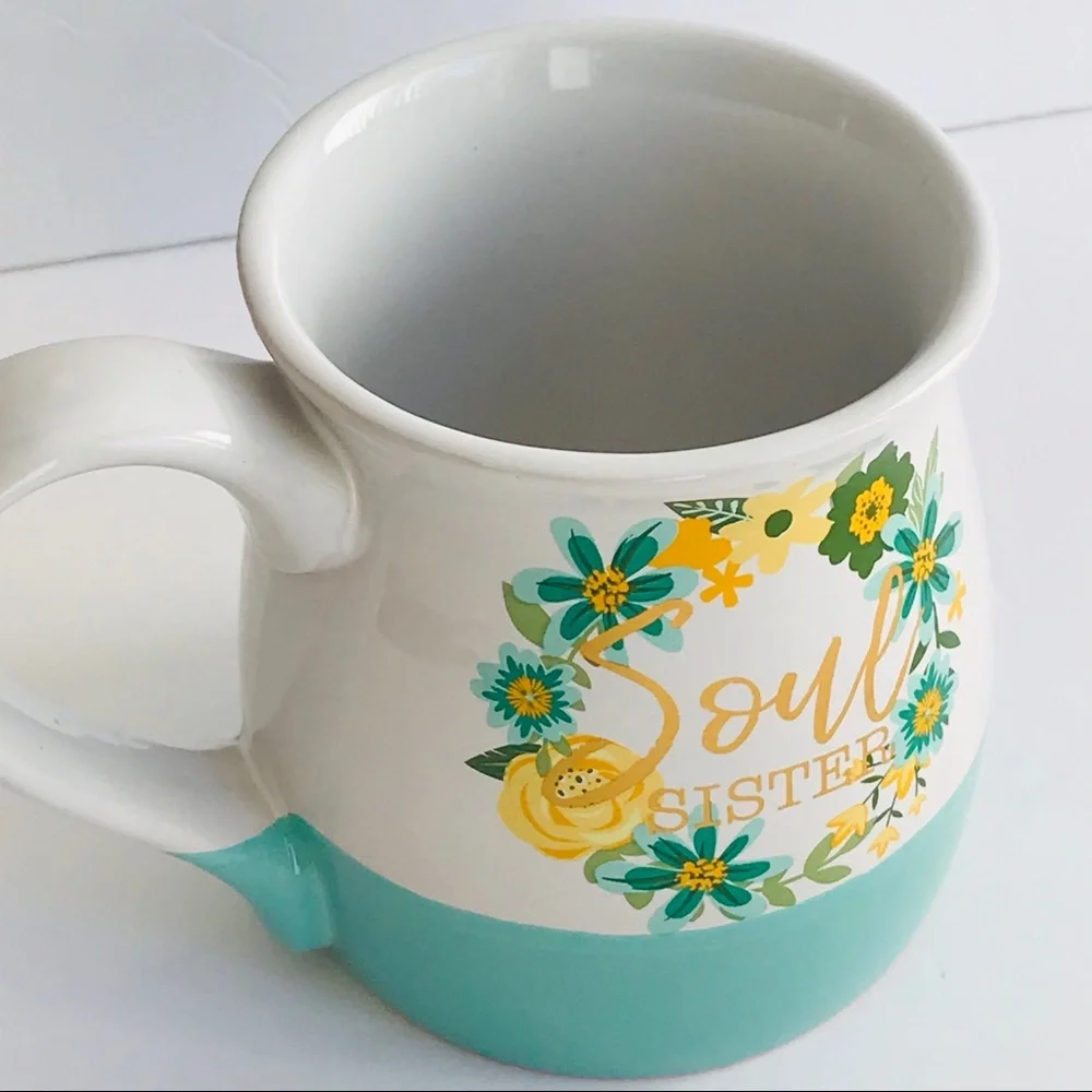 Boston Warehouse Soul Sister Belly Mug Floral Blue Green Cream Flowers Turquoise